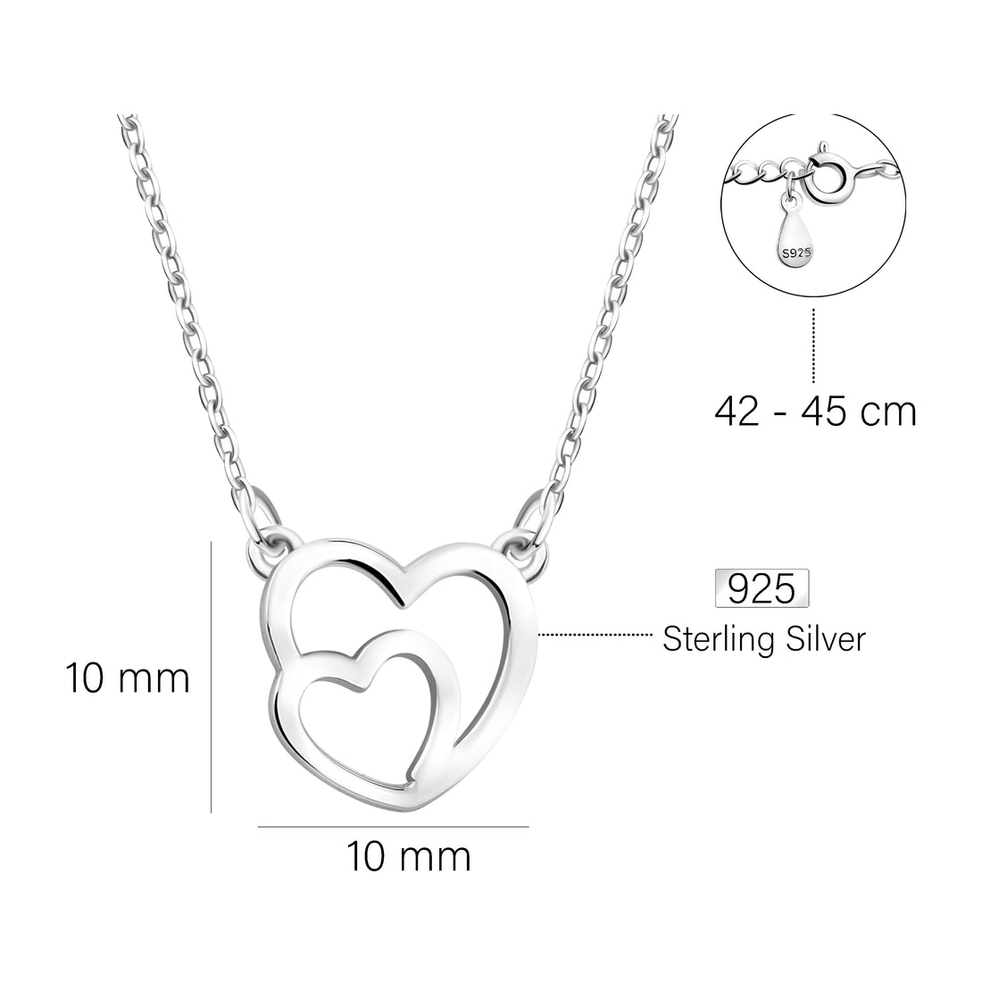 Maßenansicht von Herz Halskette in 925 Silber von Sofia Milani - N0590