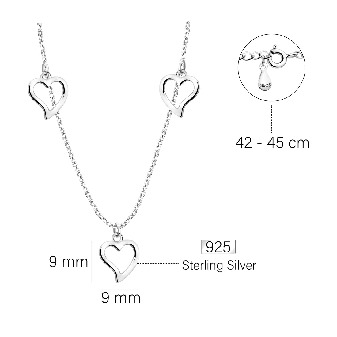 Maßenansicht von Herz Halskette in 925 Silber von Sofia Milani - N0592