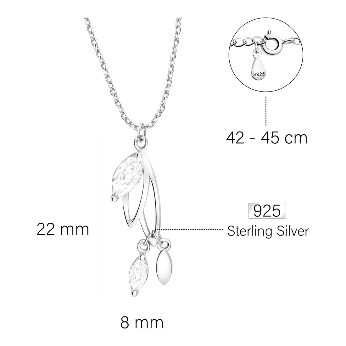 Maßenansicht von Blatt Halskette in 925 Silber von Sofia Milani - N0596