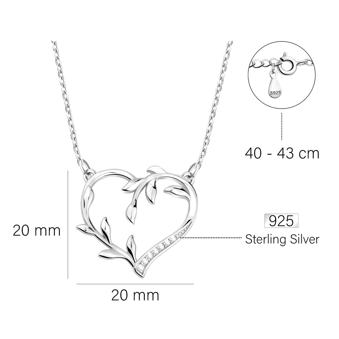 Maßenansicht von Herz Blatt Halskette in 925 Silber von Sofia Milani - N0600
