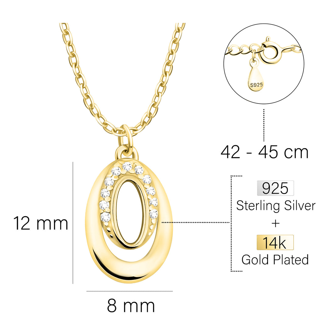 Maßenansicht von Oval Halskette in 925 Silber von Sofia Milani - N0607