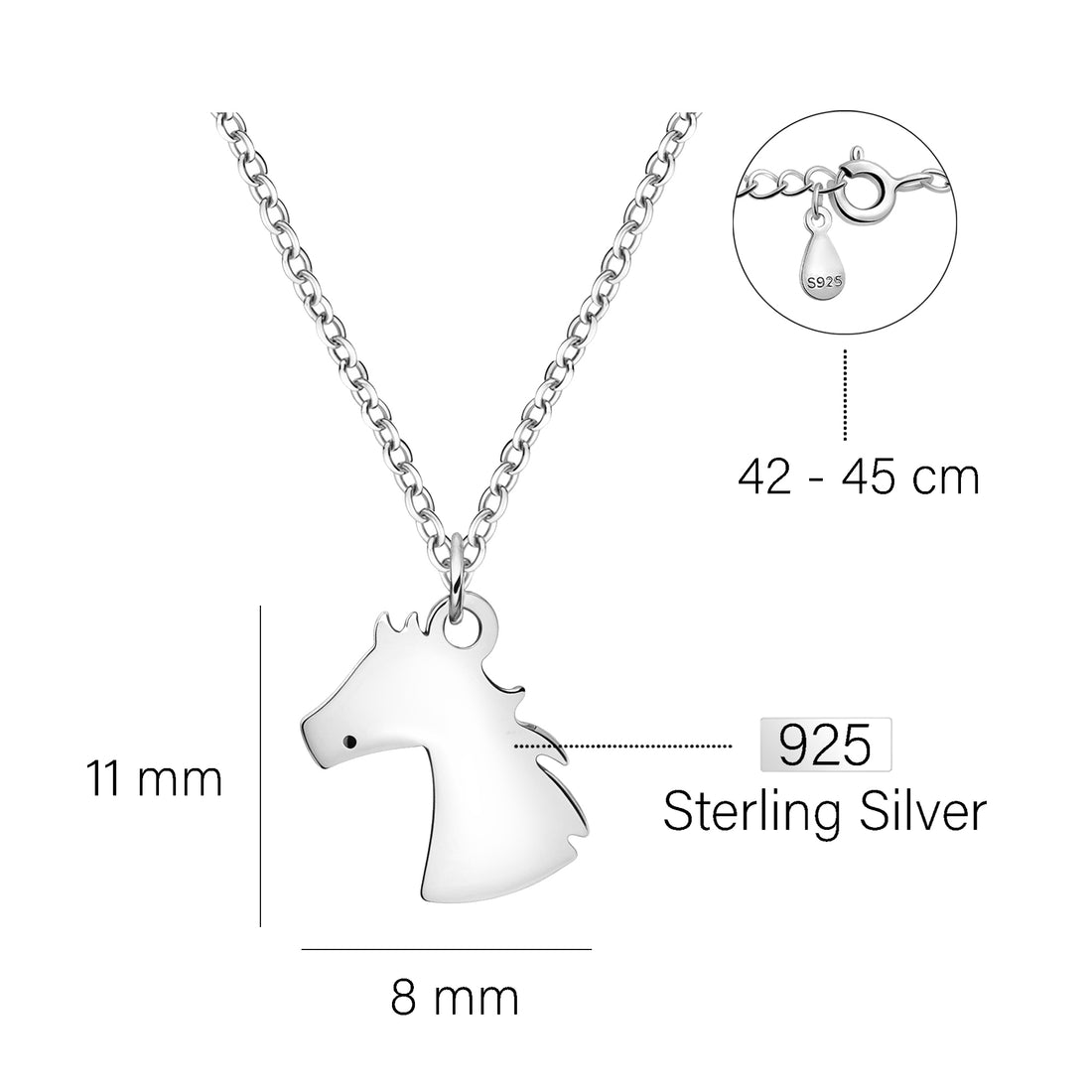 Maßenansicht von Pferd Halskette in 925 Silber von Sofia Milani - N0620