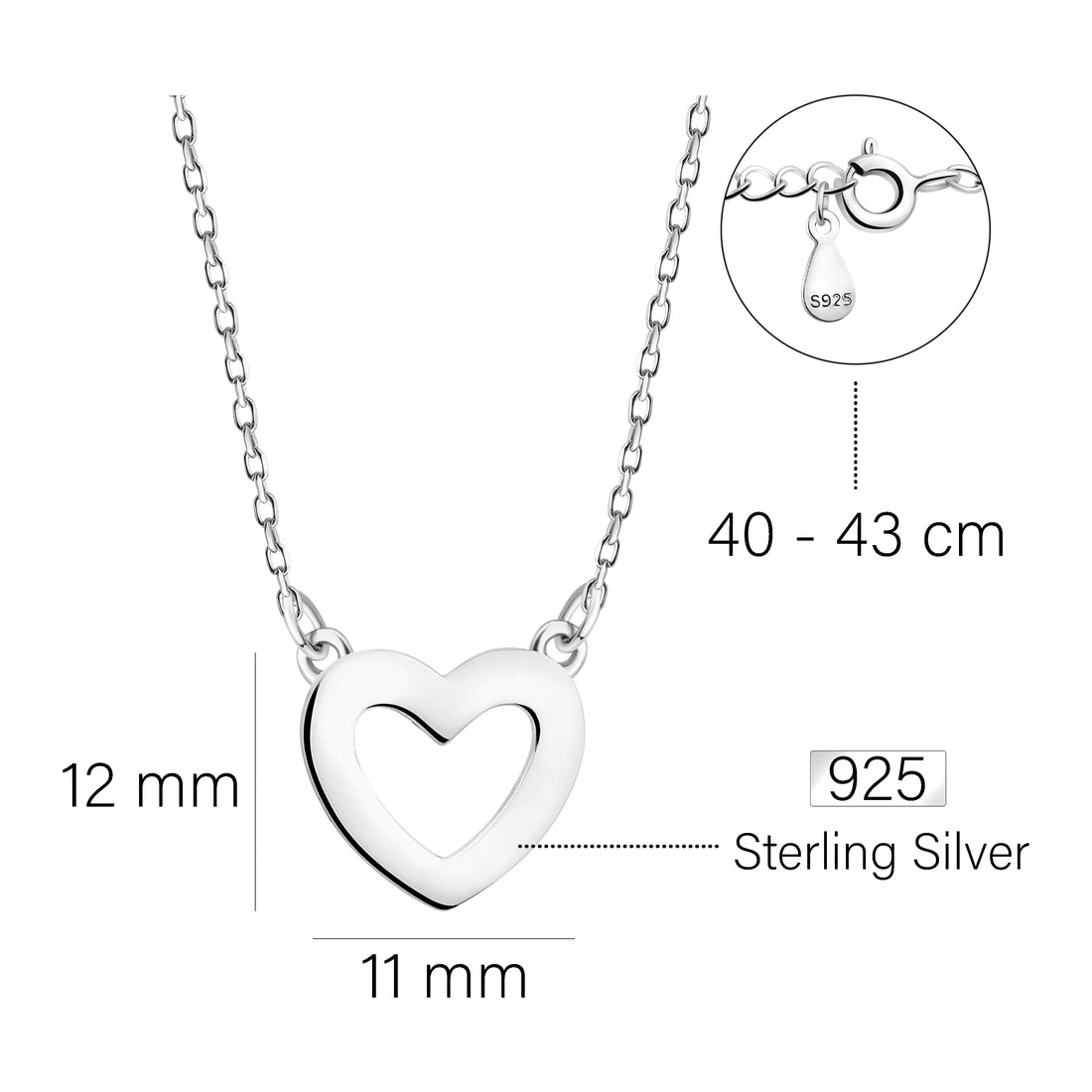 Maßenansicht von Herz Halskette in 925 Silber von Sofia Milani - N0624