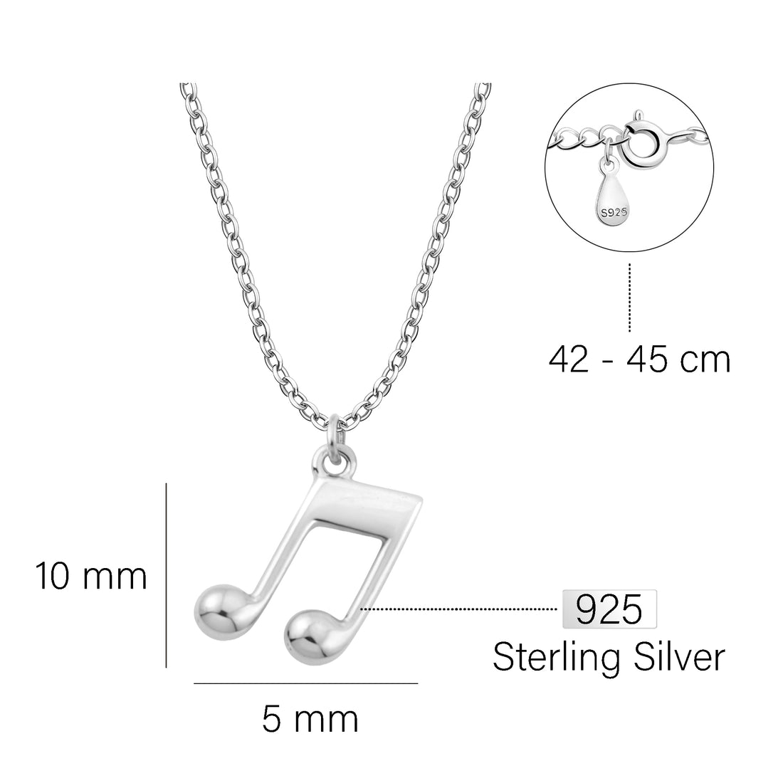 Maßenansicht von Achtel Musik Note Halskette in 925 Silber von Sofia Milani - N0628