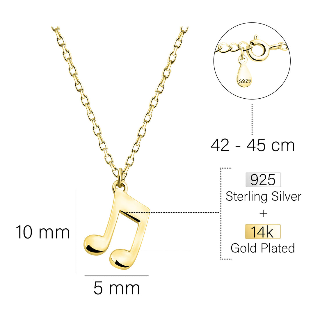 Maßenansicht von Achtel Musik Note Halskette in 925 Silber von Sofia Milani - N0629