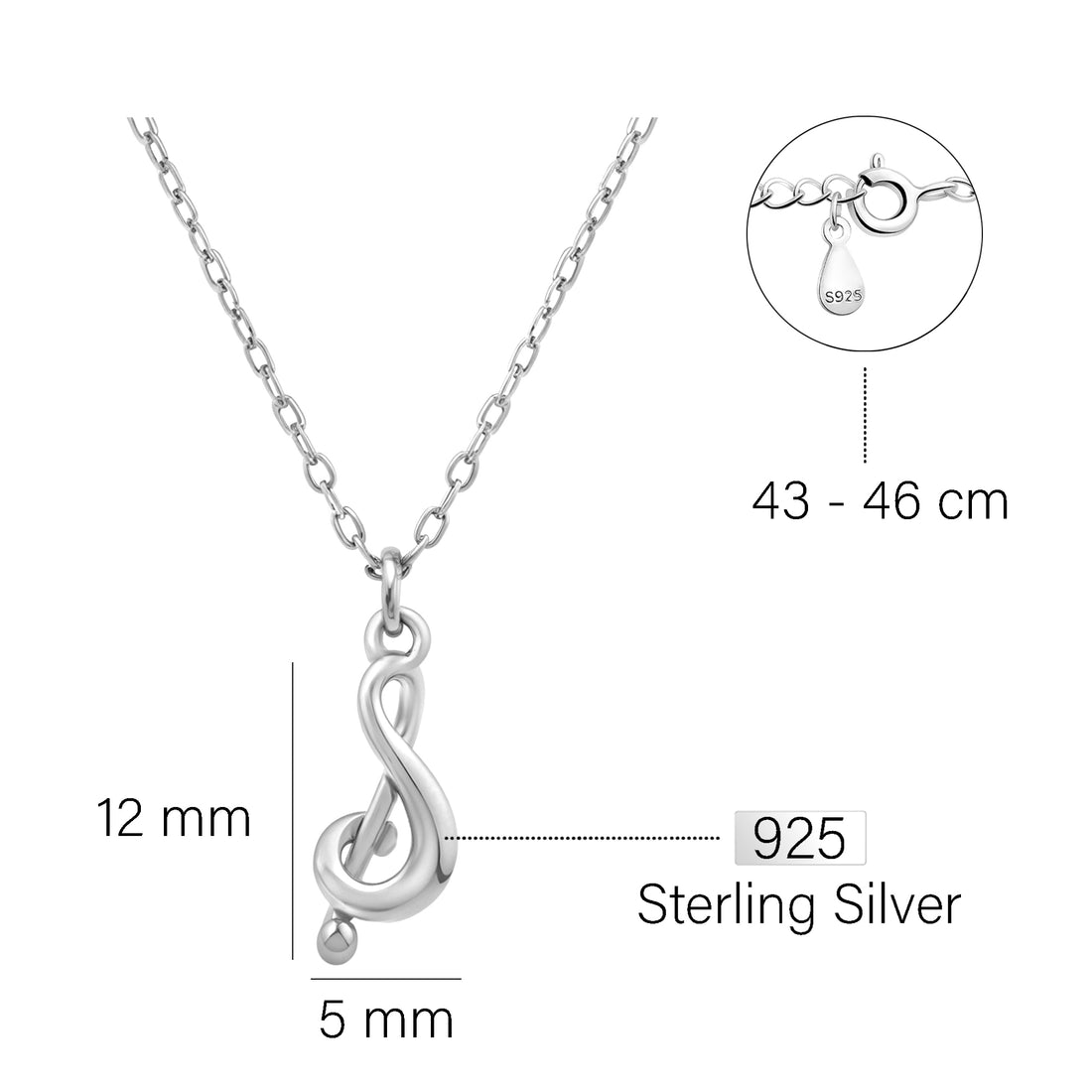 Maßenansicht von Violinschlüssel Halskette in 925 Silber von Sofia Milani - N0630