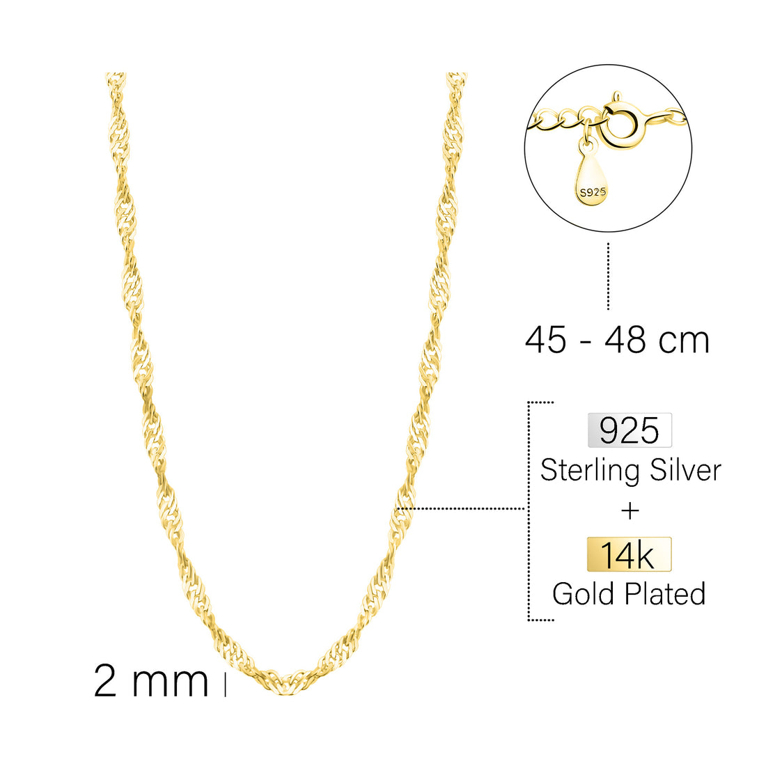 Maßenansicht von Singapur Kette Halskette in 925 Silber von Sofia Milani - N0635