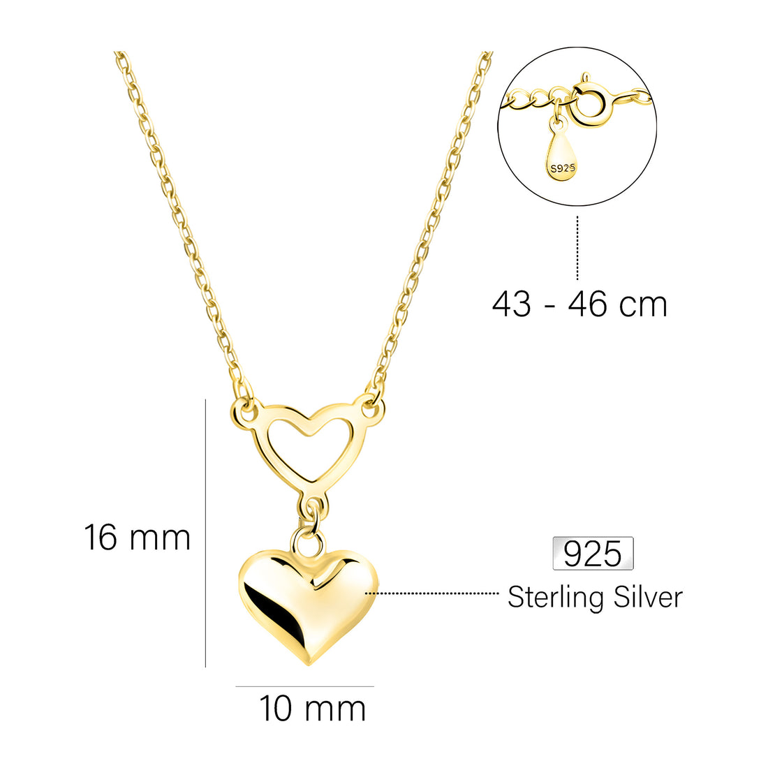 Maßenansicht von Herz Halskette in 925 Silber von Sofia Milani - N0641