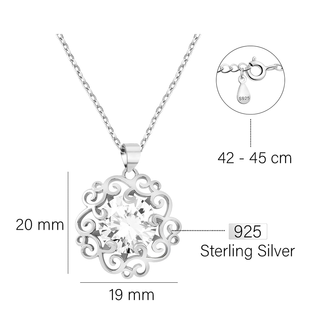 Maßenansicht von Blumen Ornamenten Halskette in 925 Silber von Sofia Milani - N0644