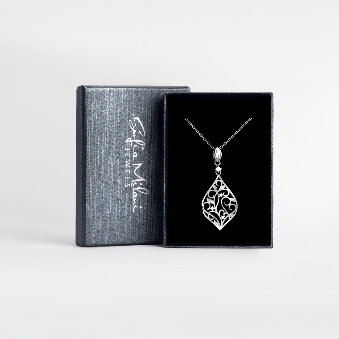 Boxansicht von Blatt Blumen Halskette in 925 Silber von Sofia Milani - N0646