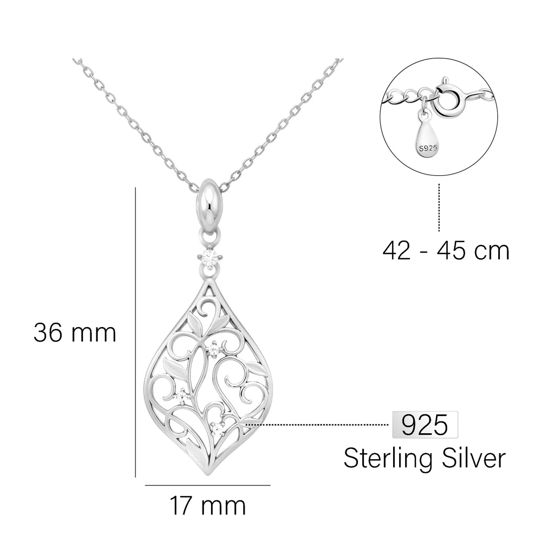 Maßenansicht von Blatt Blumen Halskette in 925 Silber von Sofia Milani - N0646