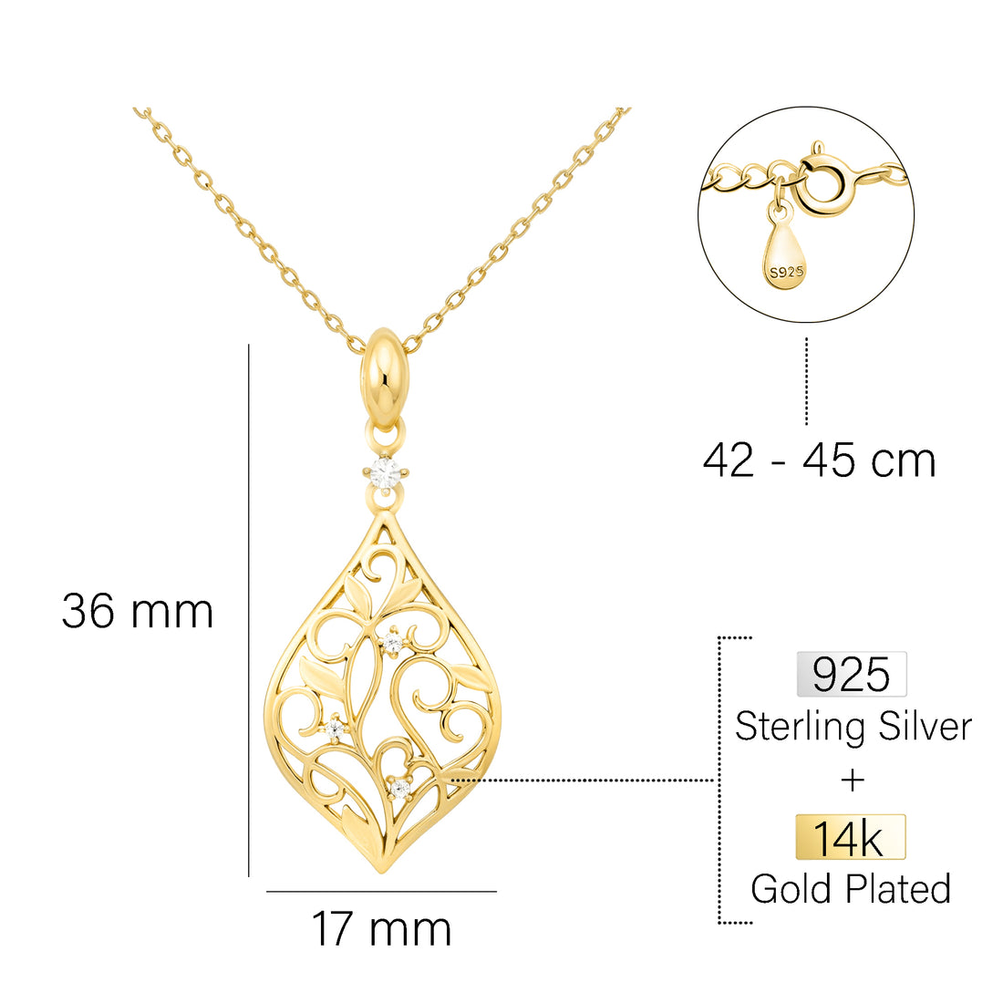 Maßenansicht von Blatt Blumen Halskette in 925 Silber von Sofia Milani - N0647