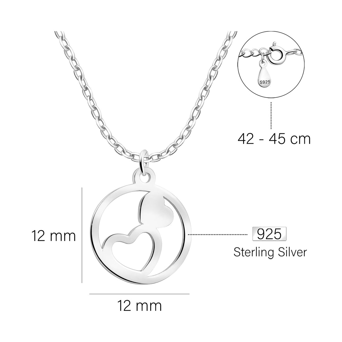 Maßenansicht von Herz Kreis Halskette in 925 Silber von Sofia Milani - N0656