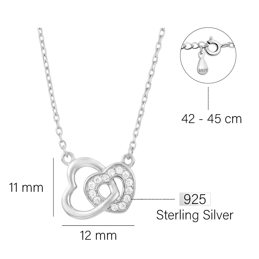Maßenansicht von Doppeltes Herz Halskette in 925 Silber von Sofia Milani - N0664
