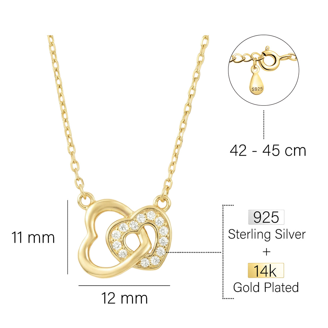 Maßenansicht von Doppeltes Herz Halskette in 925 Silber von Sofia Milani - N0665