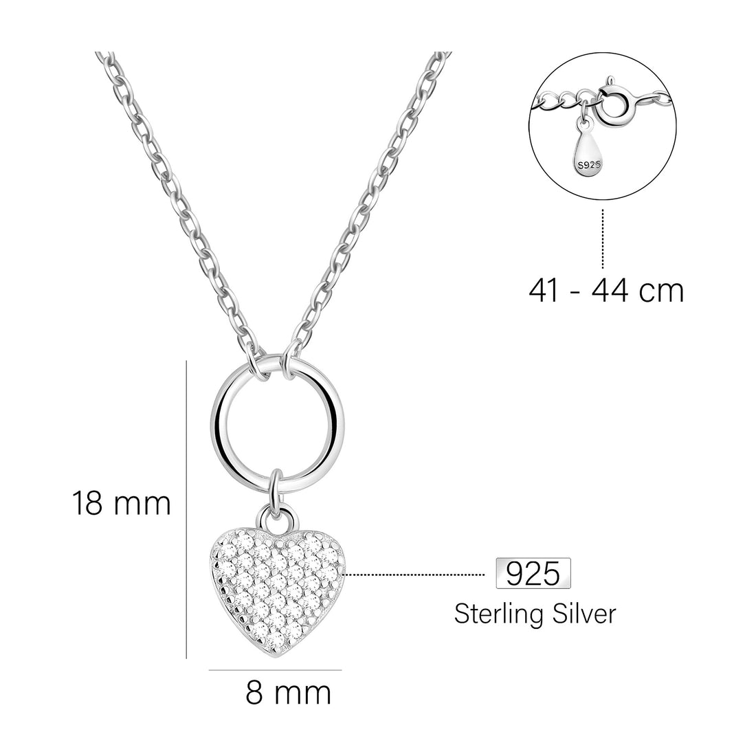 Maßenansicht von Herz Kreis Halskette in 925 Silber von Sofia Milani - N0674