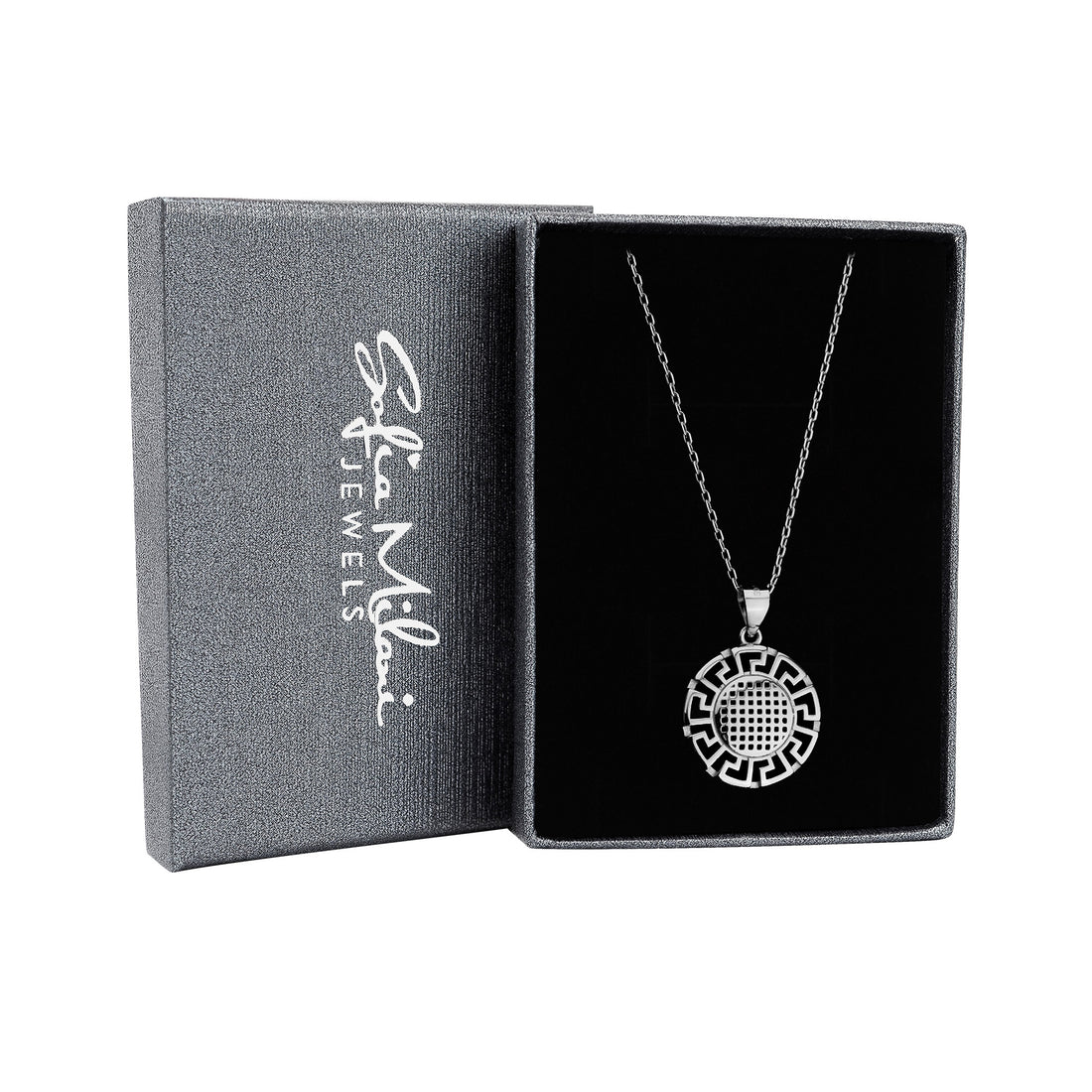 Boxansicht von Kreis Ornamenten Halskette in 925 Silber von Sofia Milani - N0682