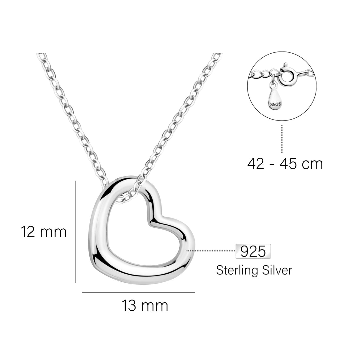 Maßenansicht von Herz Halskette in 925 Silber von Sofia Milani - N0700