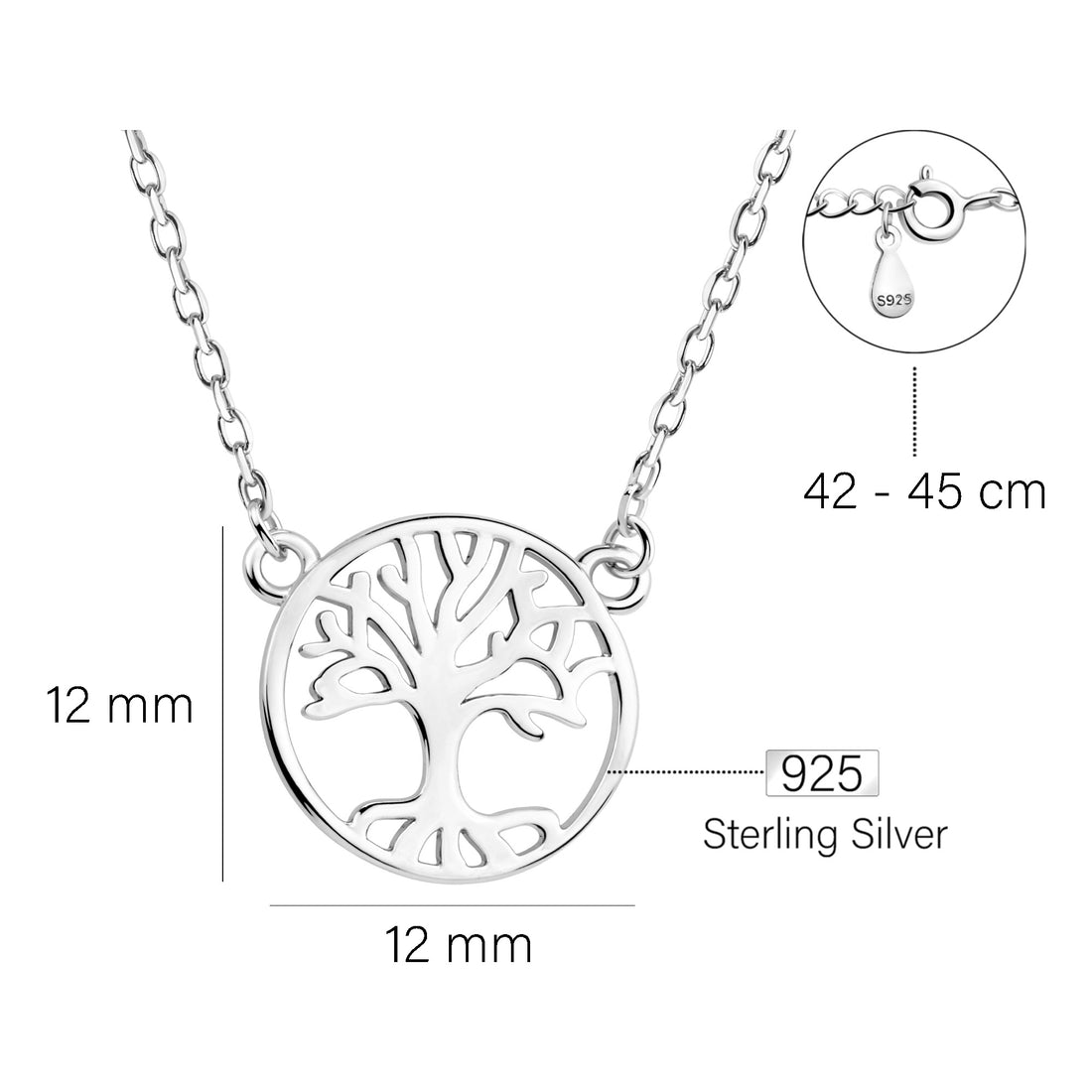 Maßenansicht von Kreis Baum Halskette in 925 Silber von Sofia Milani - N0704