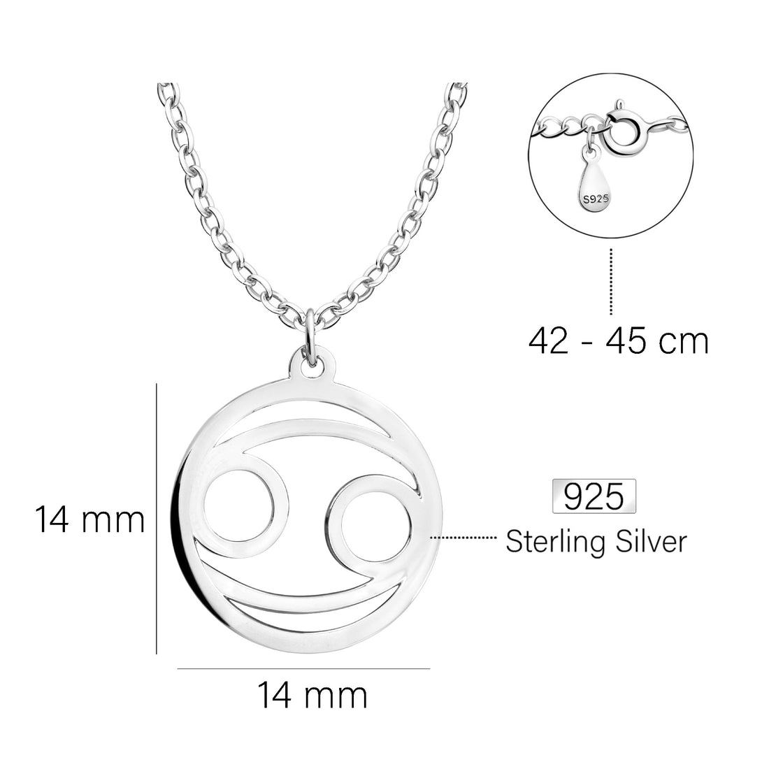Maßenansicht von Krebs Sternzeichen Halskette in 925 Silber von Sofia Milani - N0716