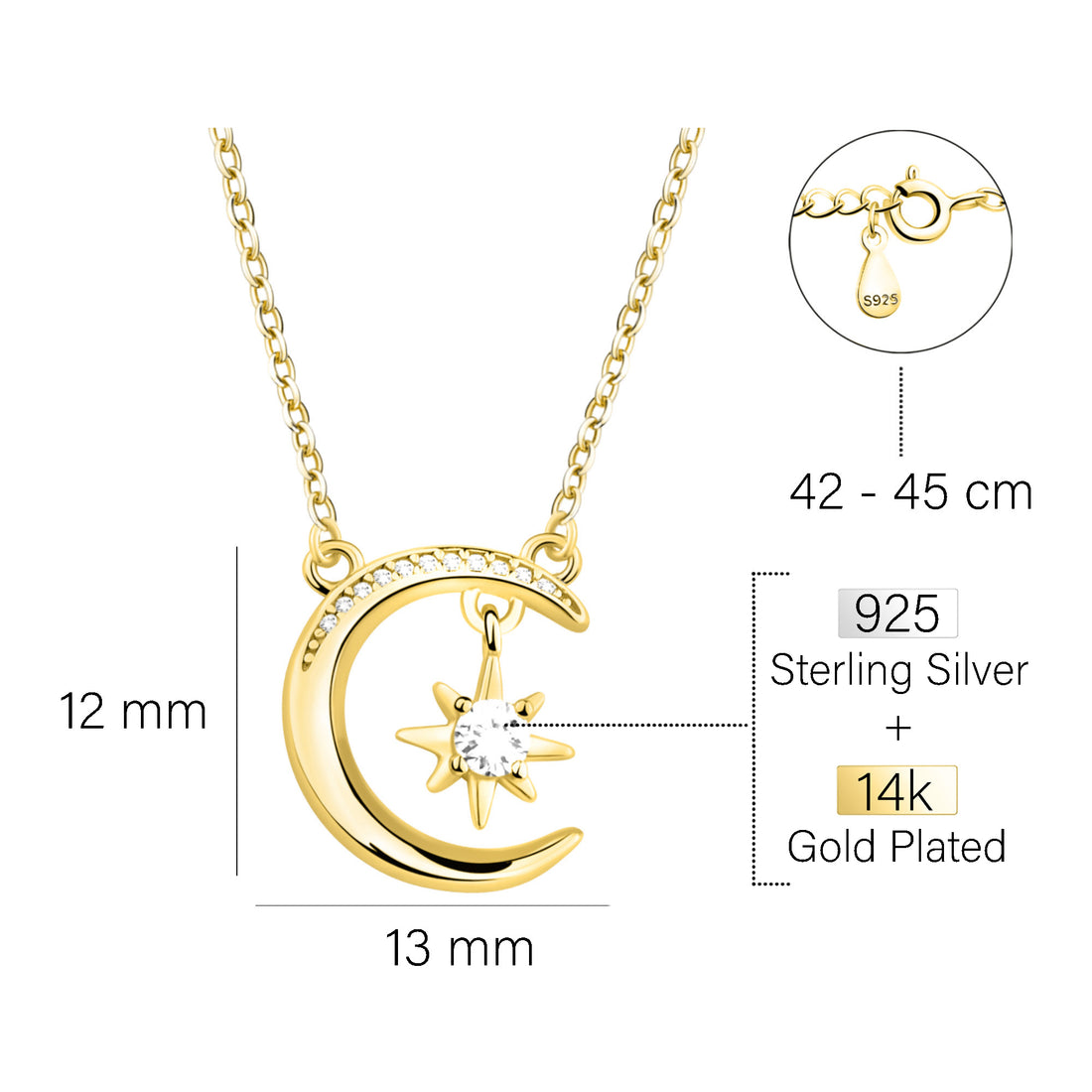Maßenansicht von Mond Halskette in 925 Silber von Sofia Milani - N0739