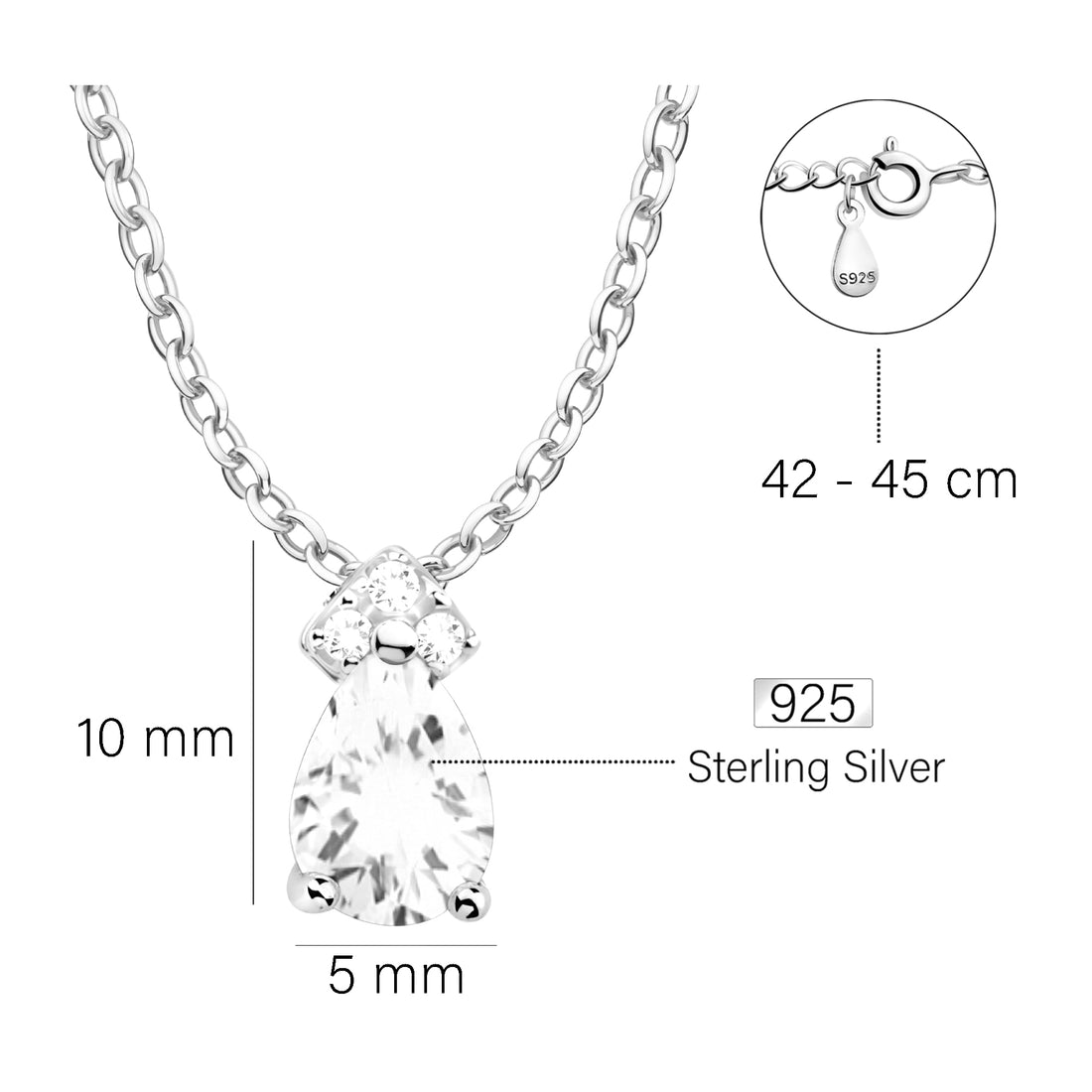 Maßenansicht von Zirkonia Halskette in 925 Silber von Sofia Milani - N0746