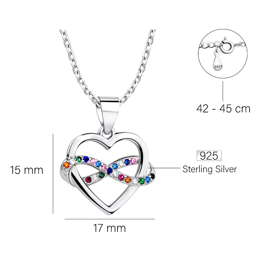 Maßenansicht von Herz Unendlich Infinity Halskette in 925 Silber von Sofia Milani - N0751