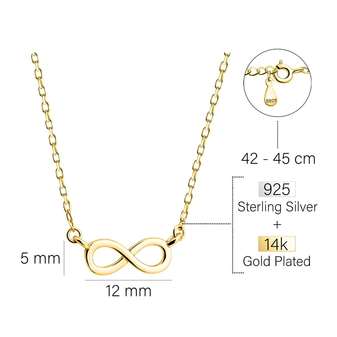 Maßenansicht von Unendlich Infinity Halskette in 925 Silber von Sofia Milani - N0756