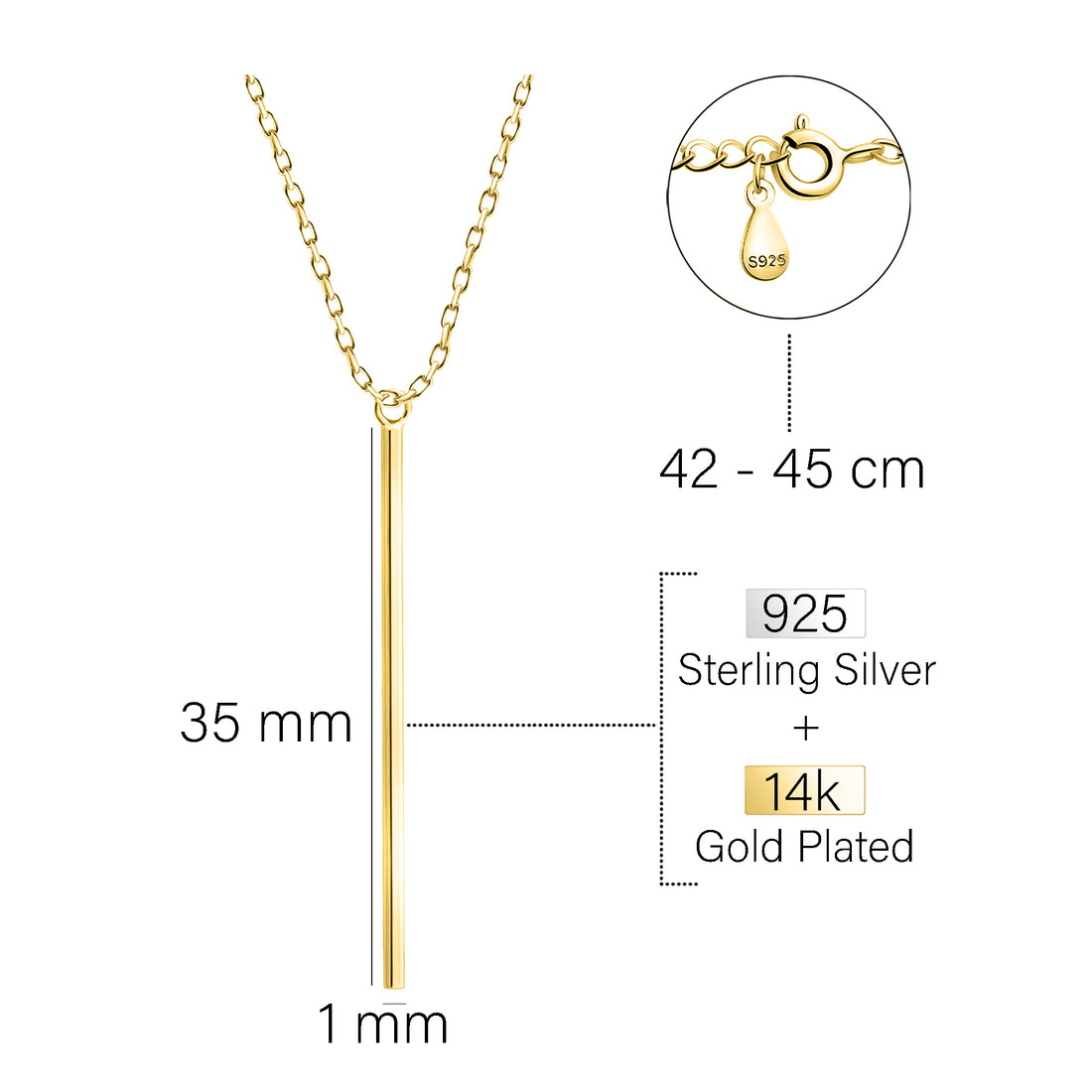 Maßenansicht von Stab Halskette in 925 Silber von Sofia Milani - N0757