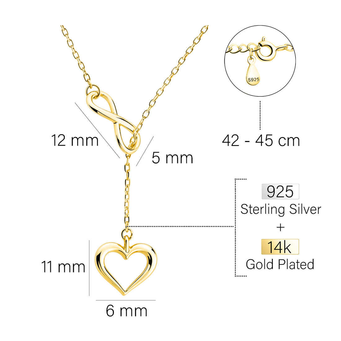 Maßenansicht von Herz Halskette in 925 Silber von Sofia Milani - N0762