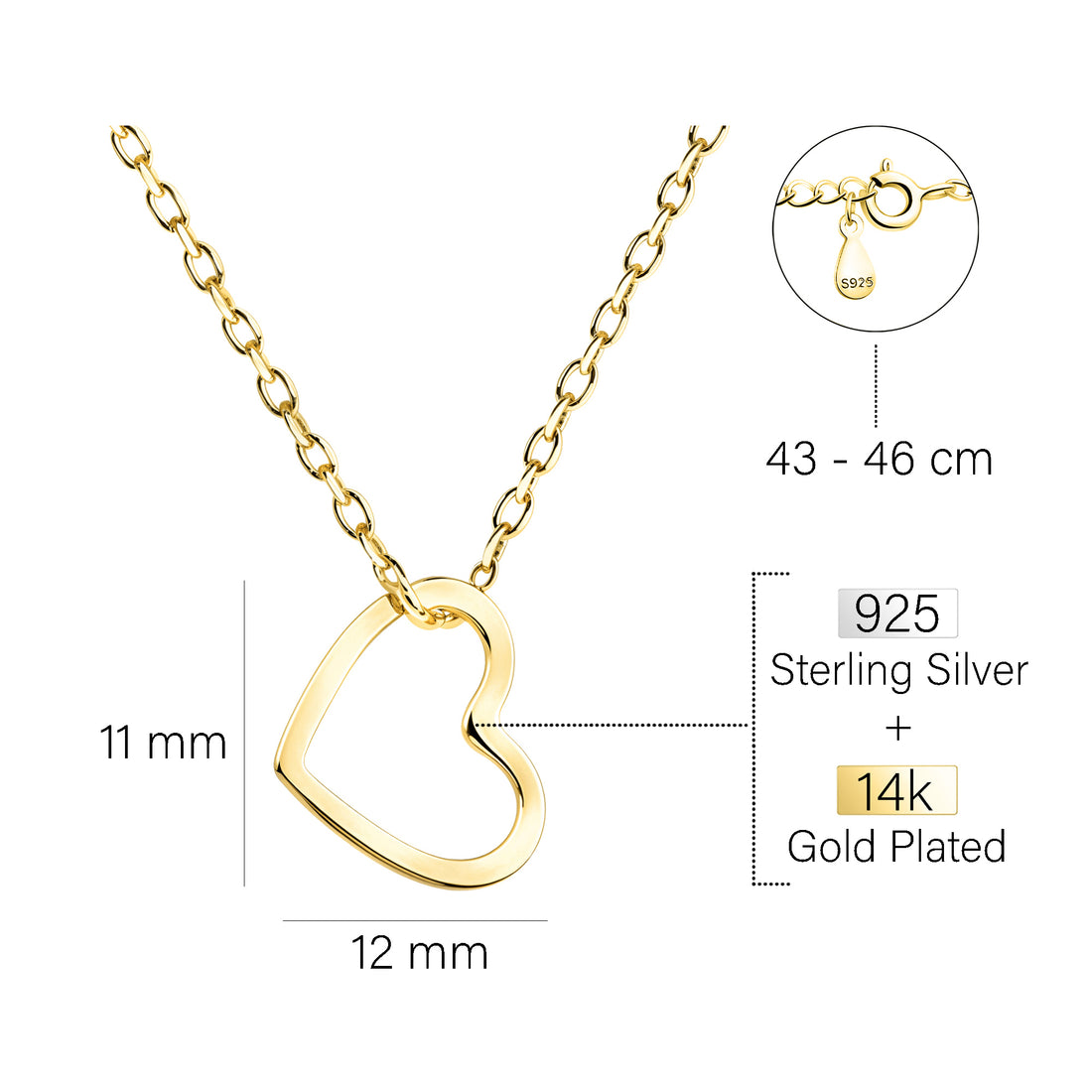 Maßenansicht von Herz Halskette in 925 Silber von Sofia Milani - N0764