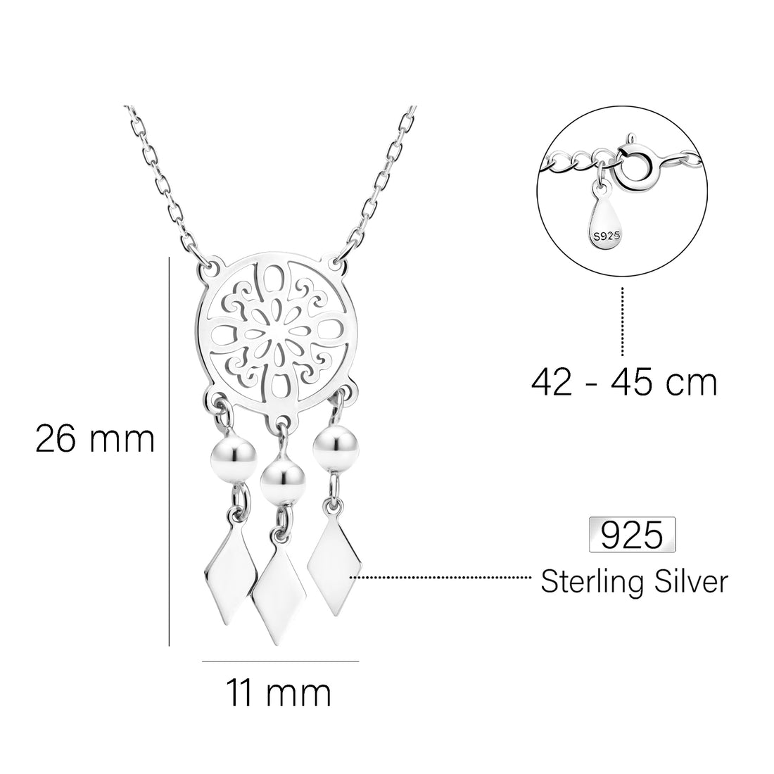 Maßenansicht von Traumfänger Halskette in 925 Silber von Sofia Milani - N0778