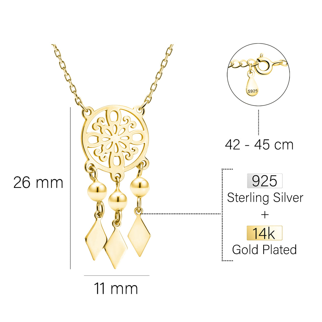 Maßenansicht von Traumfänger Halskette in 925 Silber von Sofia Milani - N0779