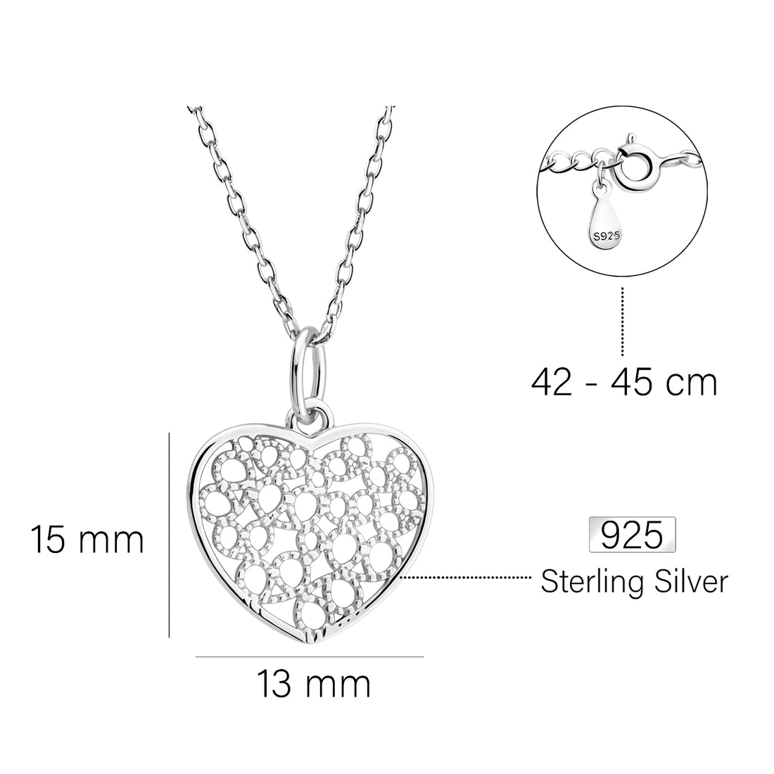 Maßenansicht von Herz Halskette in 925 Silber von Sofia Milani - N0780