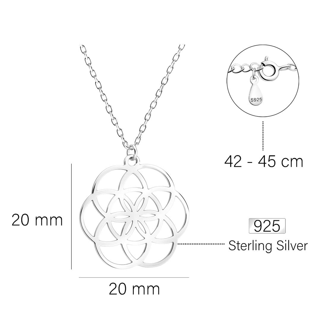 Maßenansicht von Blumen Ornamenten Halskette in 925 Silber von Sofia Milani - N0782