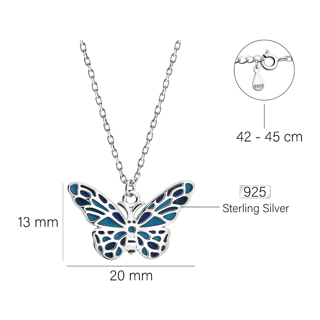 Maßenansicht von Schmetterling Halskette in 925 Silber von Sofia Milani - N0788