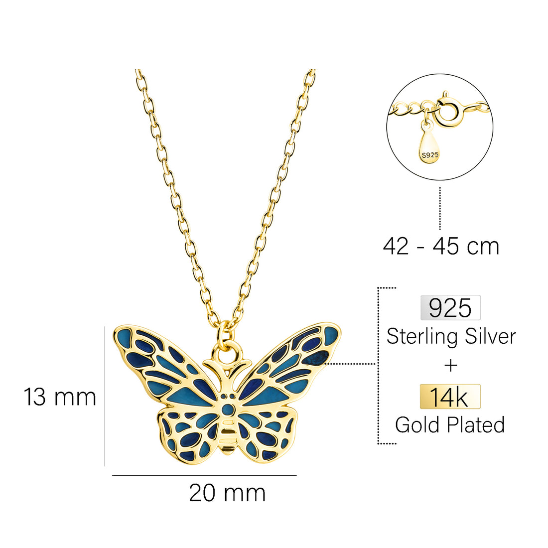 Maßenansicht von Schmetterling Halskette in 925 Silber von Sofia Milani - N0789