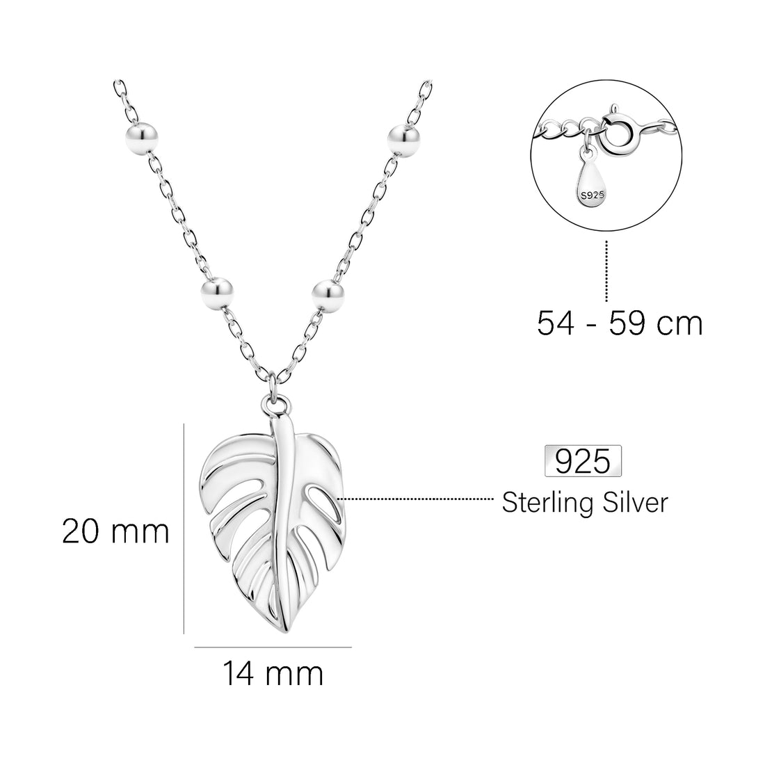 Maßenansicht von Blatt Kugel Halskette in 925 Silber von Sofia Milani - N0792