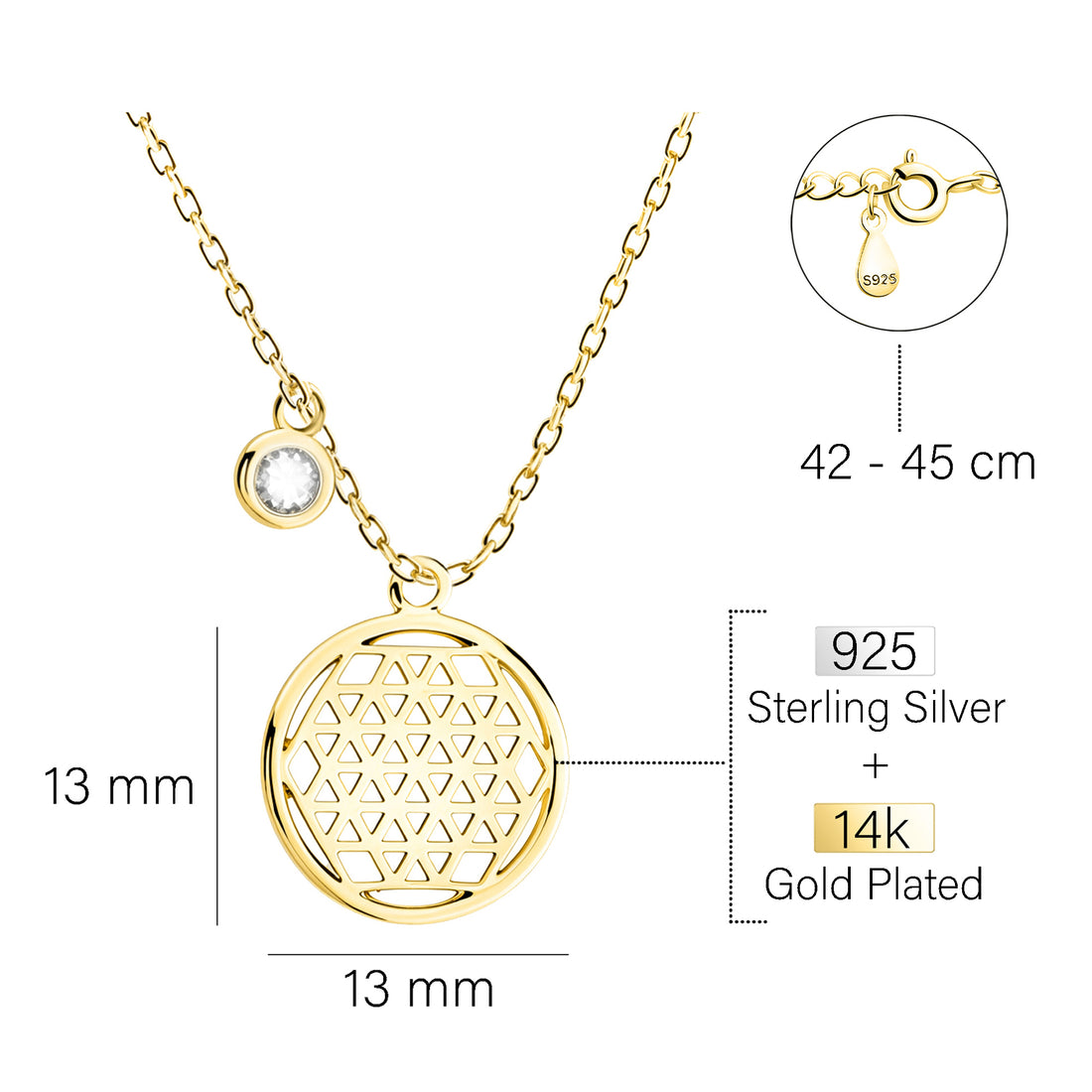 Maßenansicht von Gitter Kreis Halskette in 925 Silber von Sofia Milani - N0797