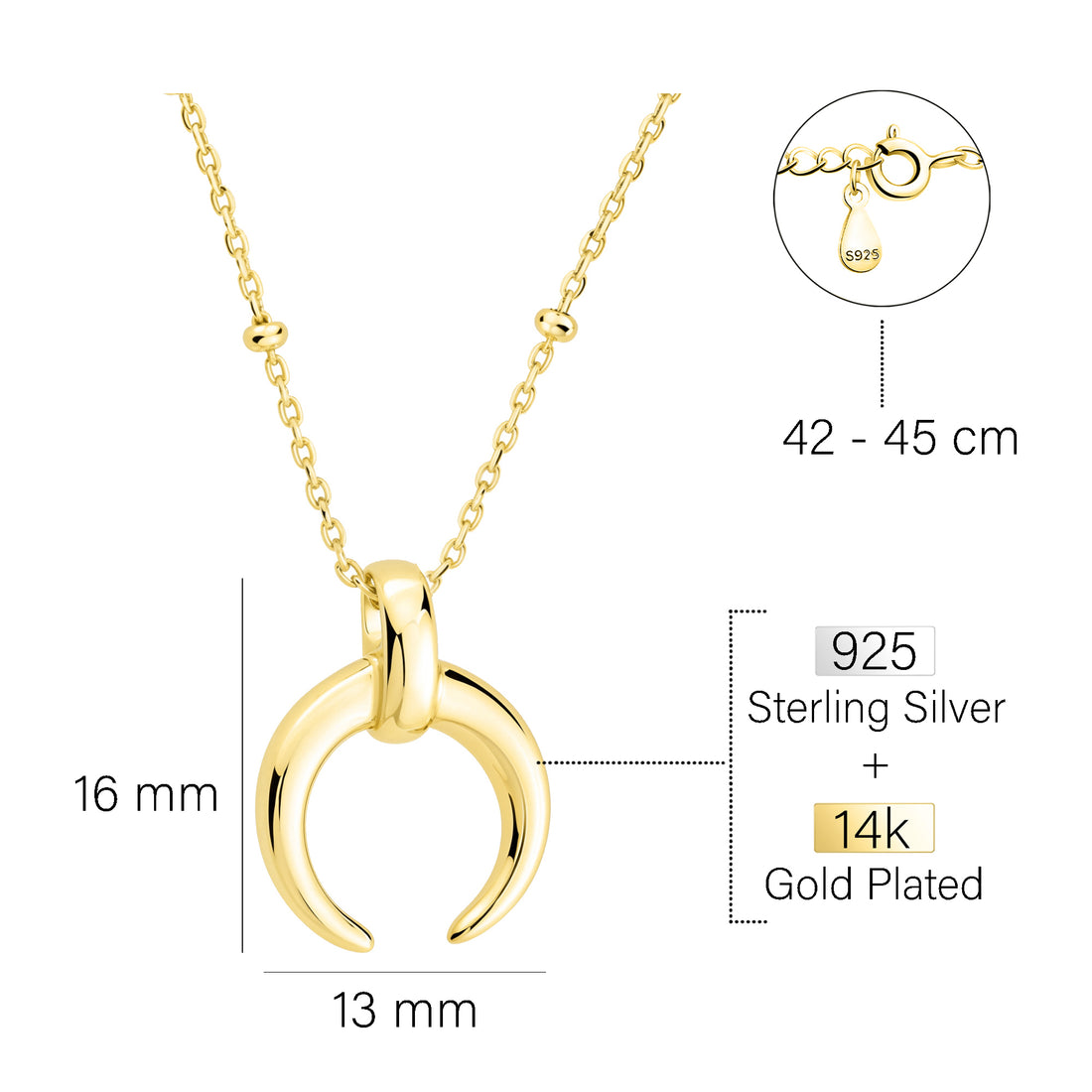 Maßenansicht von Mond Halskette in 925 Silber von Sofia Milani - N0801