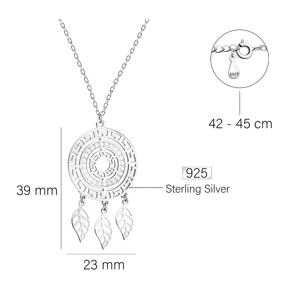 Maßenansicht von Ornamenten Traumfänger Halskette in 925 Silber von Sofia Milani - N0802