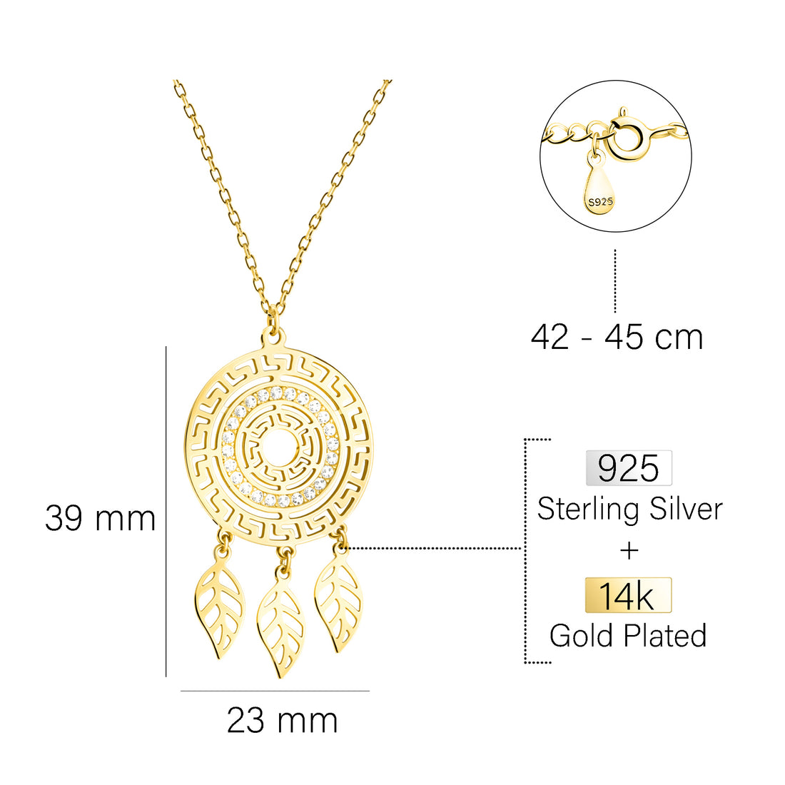 Maßenansicht von Ornamenten Traumfänger Halskette in 925 Silber von Sofia Milani - N0803