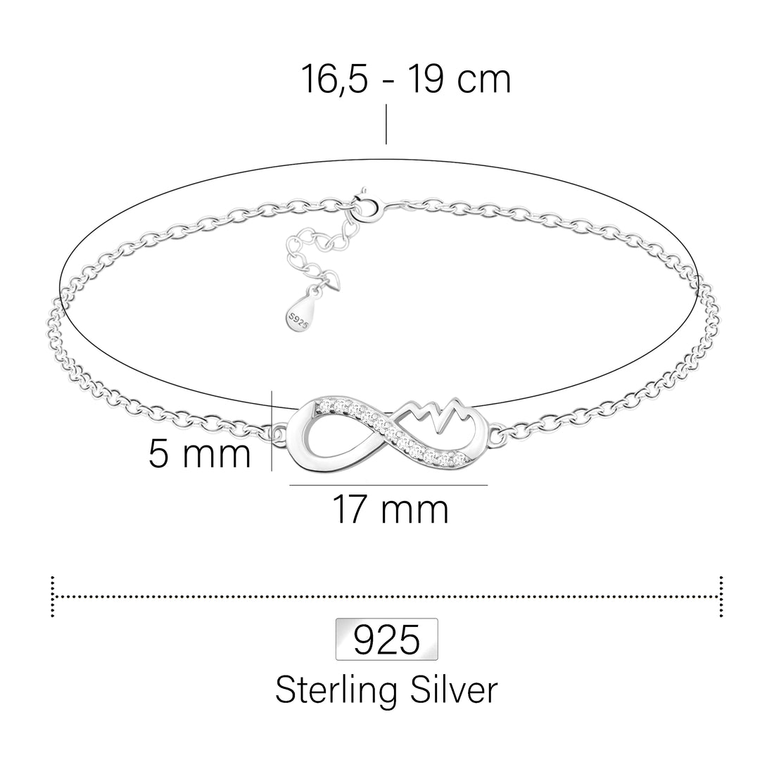 Maßenansicht von Unendlich Infinity Armband in 925 Silber von Sofia Milani - B0332