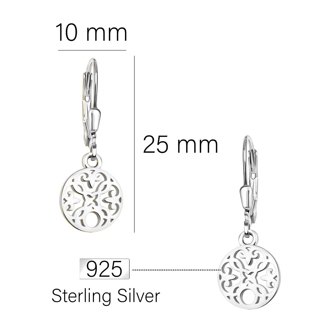 Maßenansicht von Ornament Kreis Ohrhänger in 925 Silber von Sofia Milani - E1857