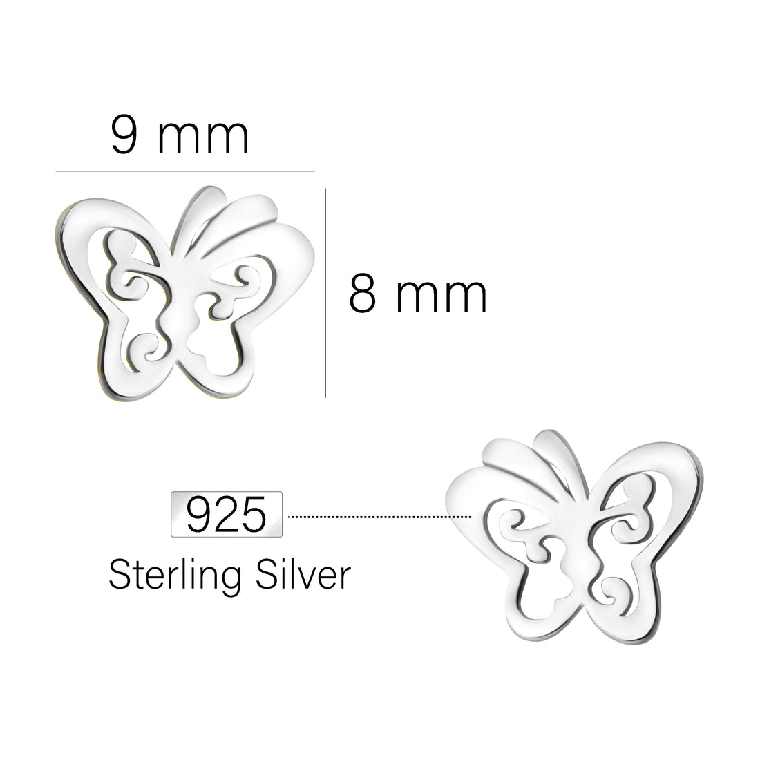 Maßenansicht von Schmetterling Ohrstecker in 925 Silber von Sofia Milani - E1995