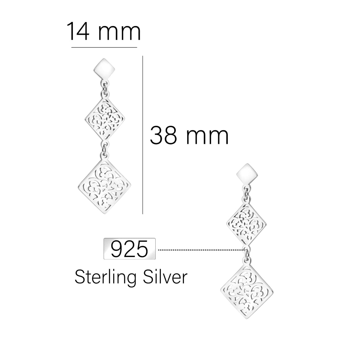 Maßenansicht von Ornament Quadrat Ohrhänger in 925 Silber von Sofia Milani - E1999