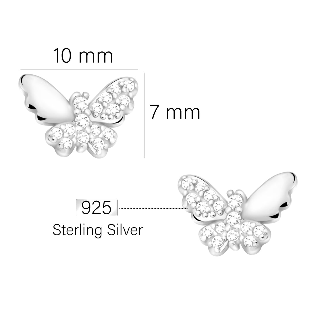 Maßenansicht von Schmetterling Ohrstecker in 925 Silber von Sofia Milani - E2290