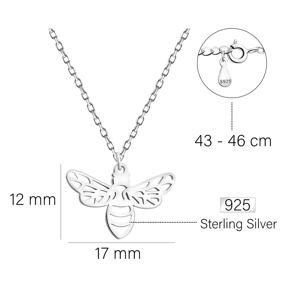 Maßenansicht von Bienen Halskette in 925 Silber von Sofia Milani - N0552