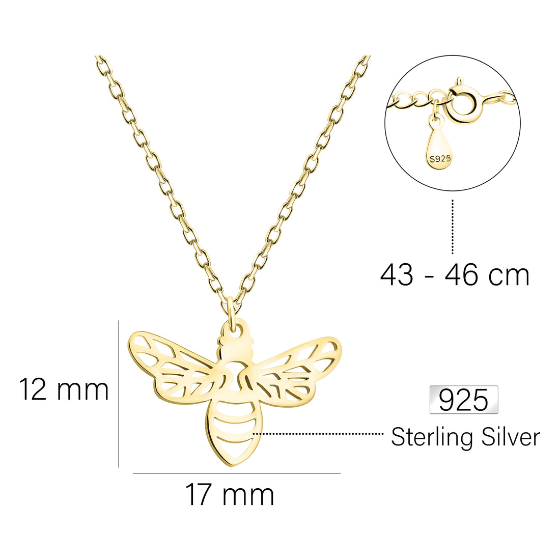 Maßenansicht von Bienen Halskette in 925 Silber von Sofia Milani - N0553