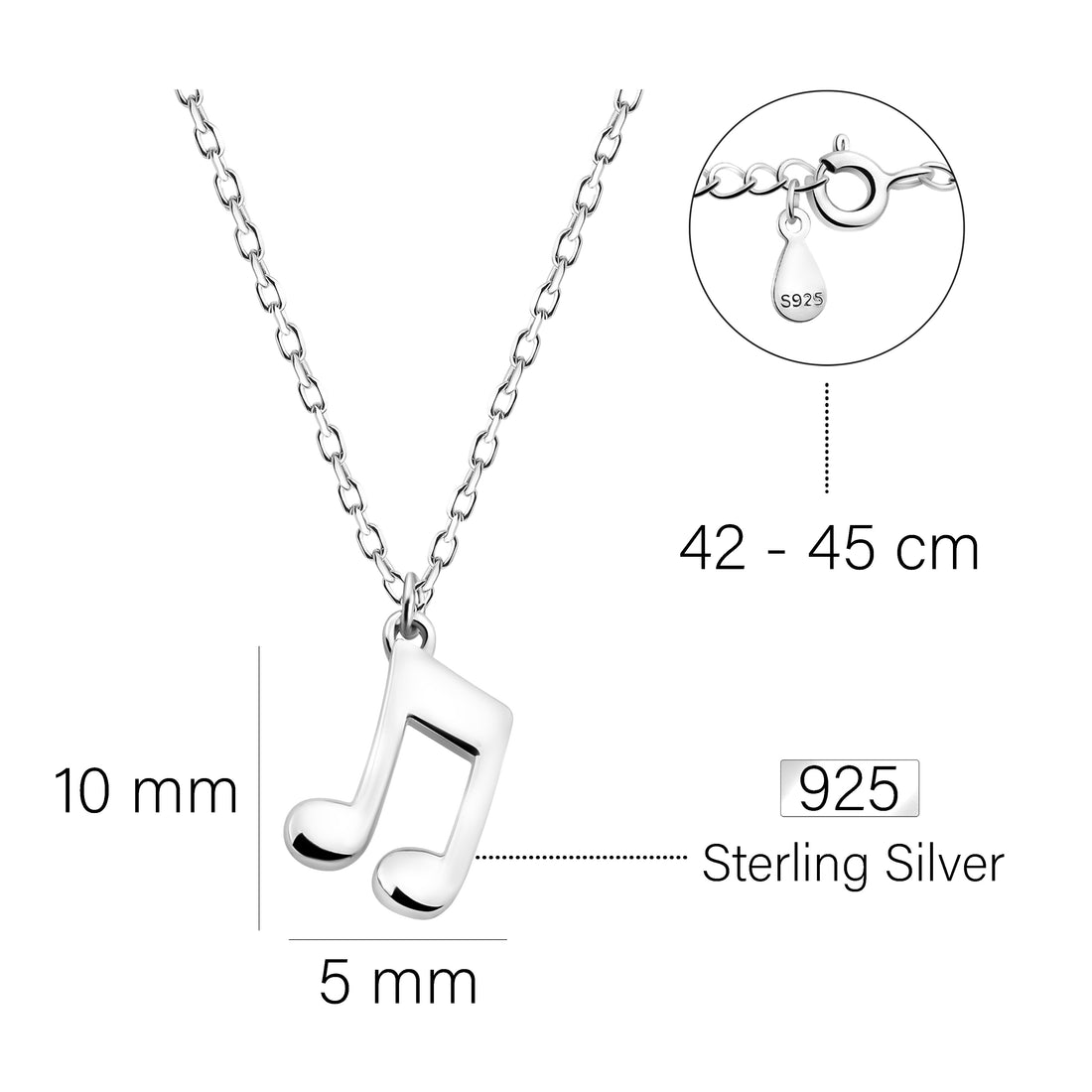 Maßenansicht von Achtel Musik Note Halskette in 925 Silber von Sofia Milani - N0628